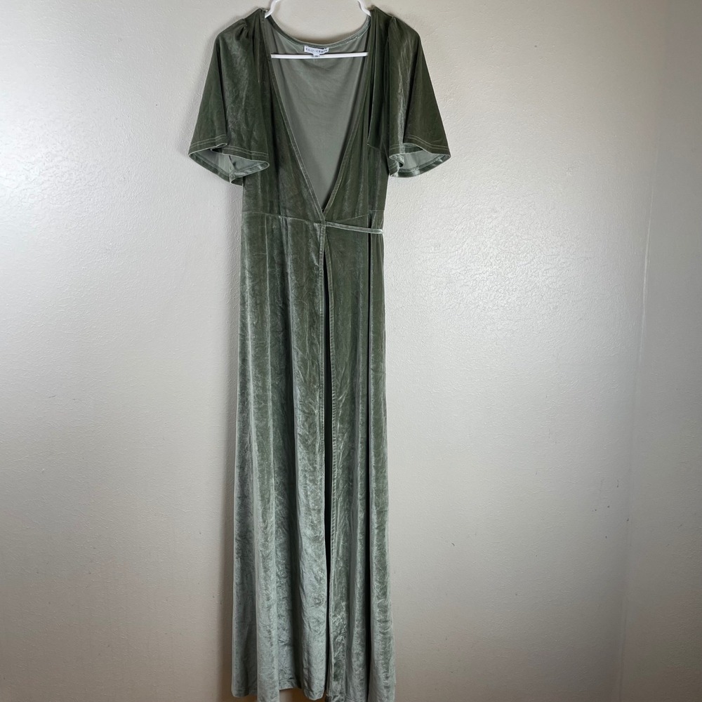 BALTIC BORN Velvet Maxi Dress Sage Green Flutter Sleeve Formal Gown XS